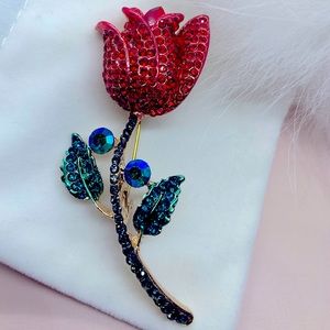 Red Rhinestone Rose Brooch